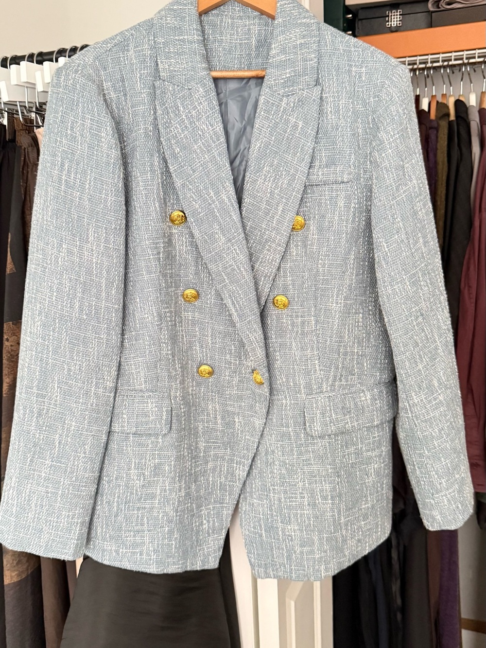 Amazon Light Blue Double-Breasted Tweed Blazer with Gold Buttons